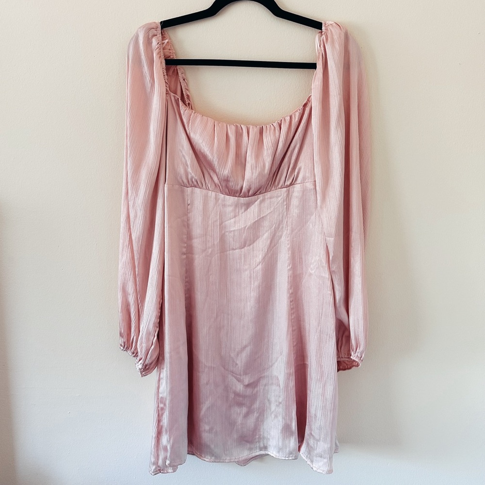Astr the Label Pink Babydoll Long Sleeve Square Neck Satin Mini Barbie Dress